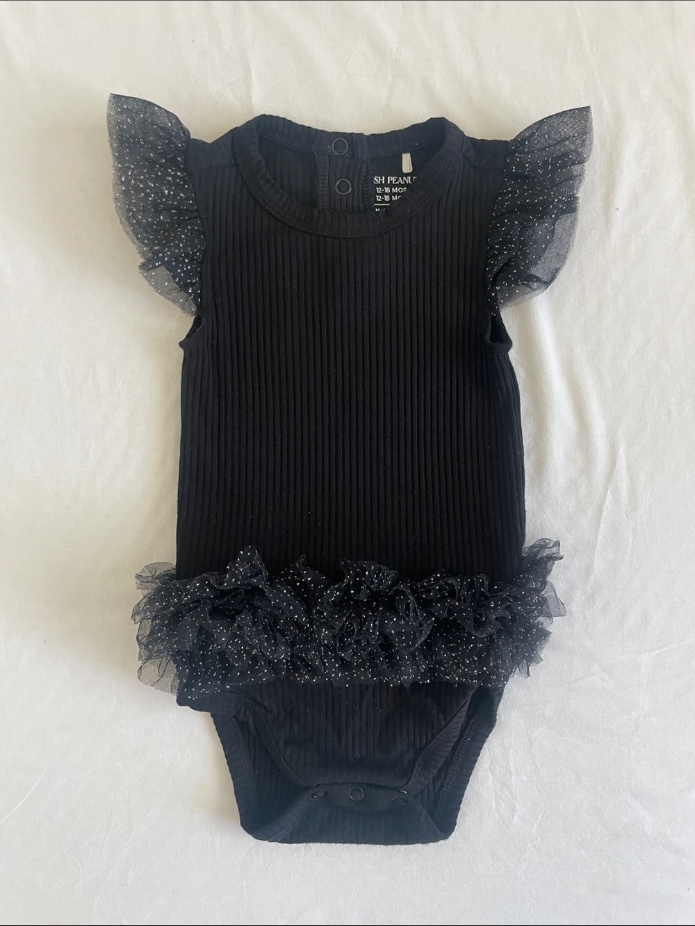Posh Peanut Black Ribbed One-Piece with Sparkle Tulle Ruffles 12-18M (EUC)